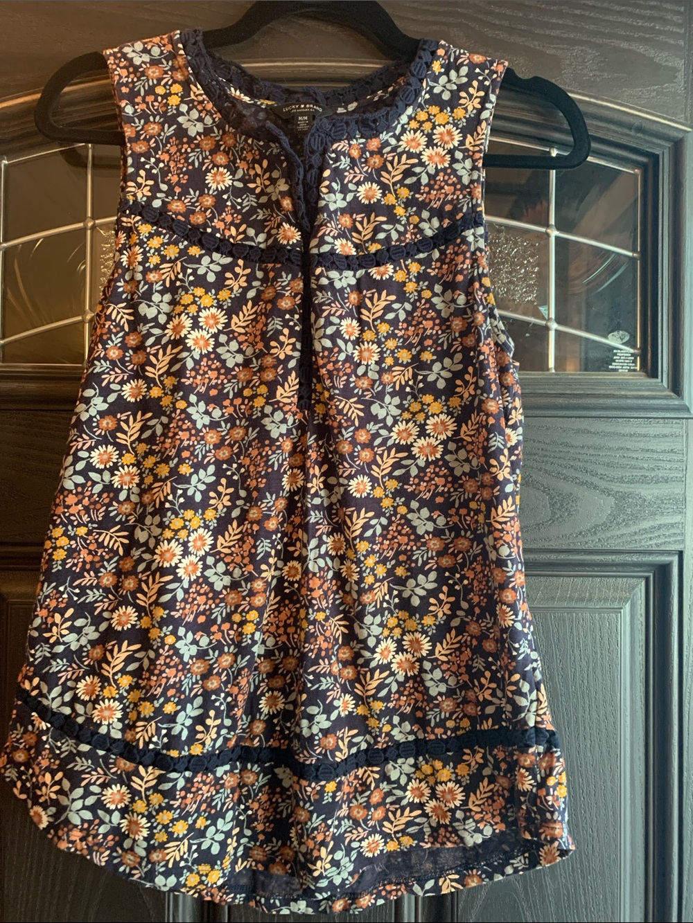 Lucky Brand Navy and Mustard Floral Cotton Blend Embroidered Trim Top